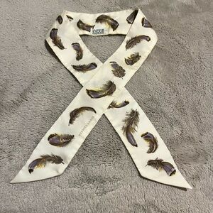 Hermes Twilly Feather Print Cream Silk Scarf, cream, beige, grey